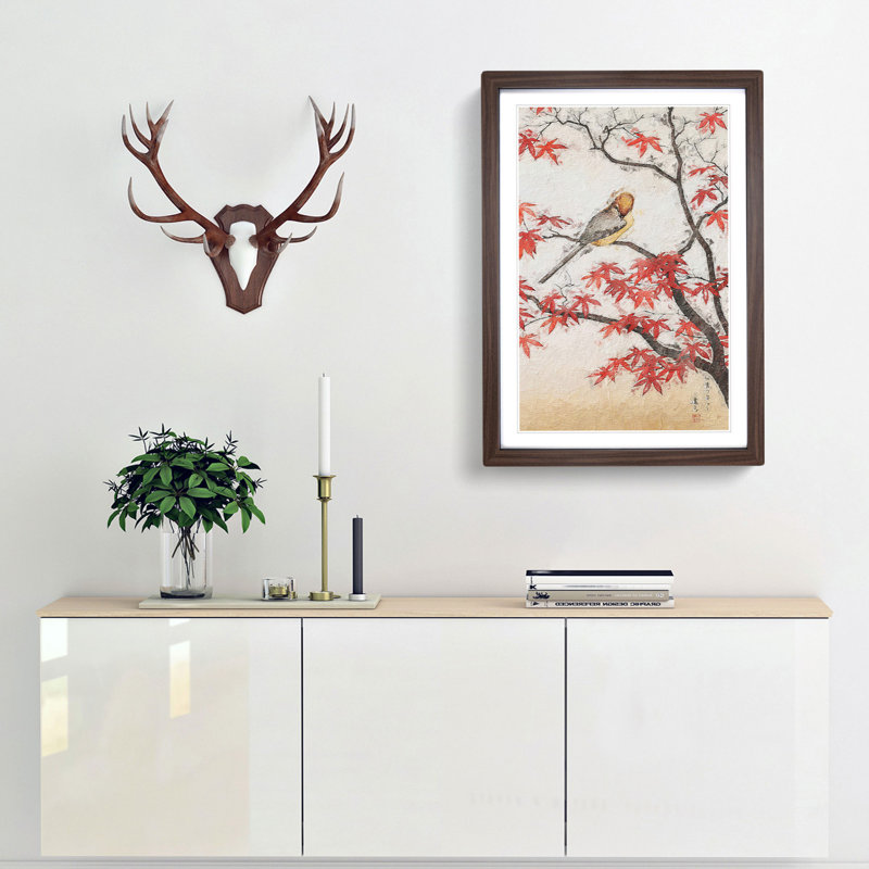 Bird In Autumn by Toshi Yoshida - Single Picture Frame Painting, Walnut Framed, 63cm H x 45cm W x 2cm D