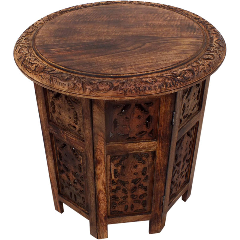 Handcrafted 18" Folding Mango Wood Round Accent Table With Carved Octagonal Base