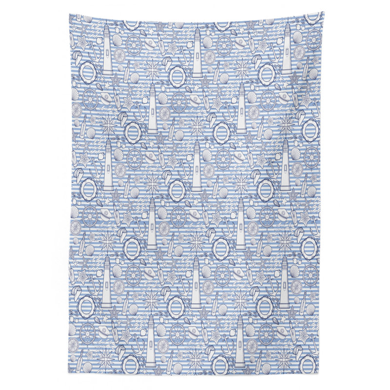 Nautical Tablecloth, Nautical Patterned Ocean Seashell Bottle Compass Lifebuoy Fish Starfish Marine, Rectangular Table Cover For Dining Room Kitchen Decor, 60" X 84", Blue White