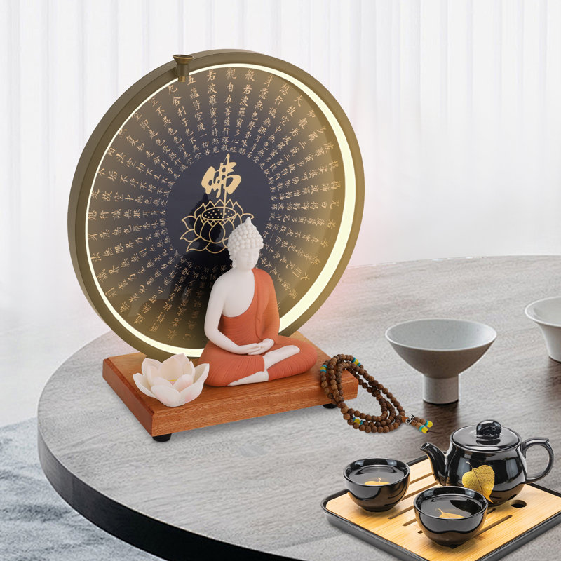 Statue de Bouddha en céramique avec lampe DEL circulaire pour la décoration intérieure, Rouge