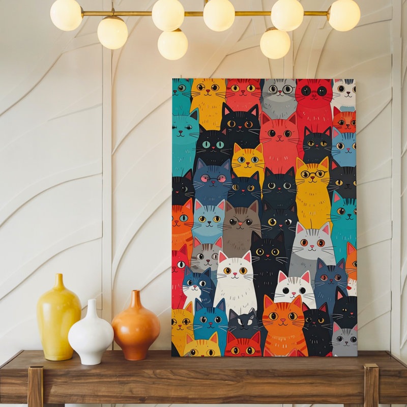 Toile, chat coloré, foule, motif moderne audacieux, illustration, joie, lorsque l'art mural est prêt à être accroché
