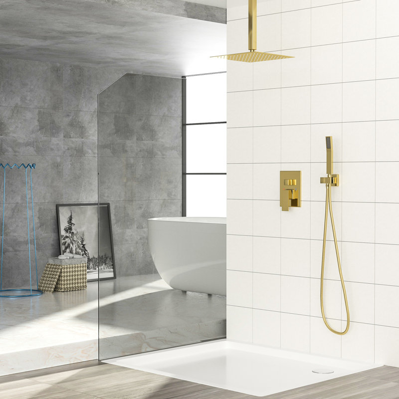 Gold Shower Kit - 10 Inch Ceiling Mount Dual With -Balanced Valve, Rainfall & Handheld, Easy Installation Clean Up 10" Square System And Install