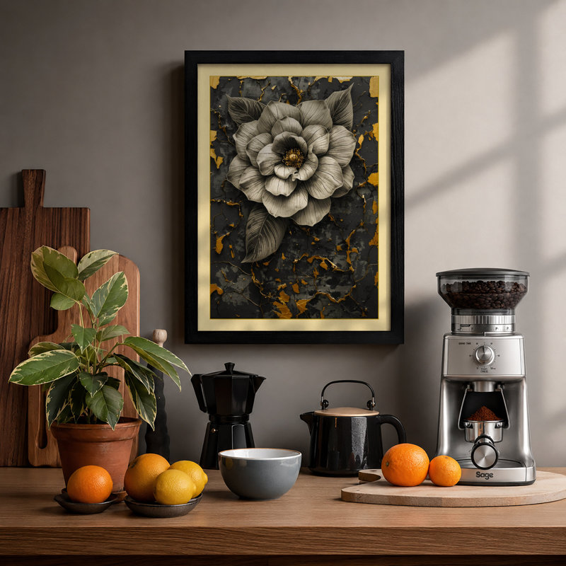 Peony in Gold Botanical - Framed Print, A1 - 84.1 x 59.4 cm, Black