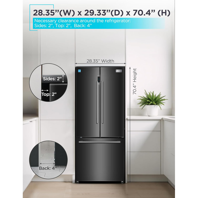 BLACK+DECKER 16 Cu. Ft. French Door Refrigerator with Built-in Ice Maker, Full Size Refrigerator with Bottom Mount Freezer Drawer, Frost Free, ENERGY STAR certified, BRF1600GIMB, Black