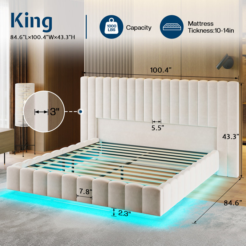 Floating Upholstered Bed Frame with Oversized Headboard and RGB LED Lighting, Cream, King