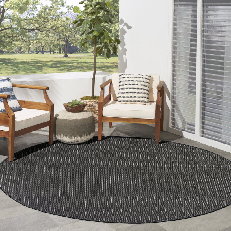 Remmie Black Modern Indoor/Outdoor Rug, Black, Round 5'