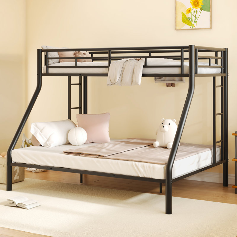 Metal Bunk Bed With Ladder And Guardrails, Black, Twin over Queen
