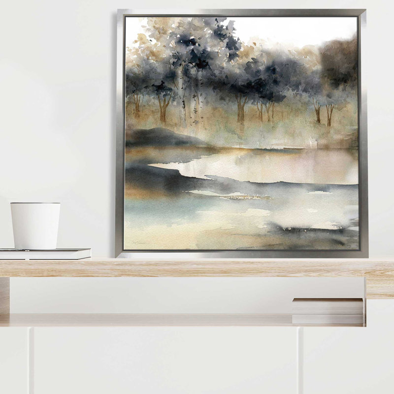 Serene River par Carol Robinson - Peinture, L 21,5 po x H 21,5 po, Encadrement argenté