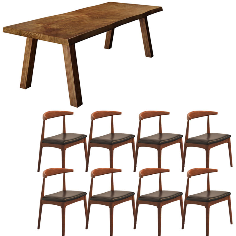 American style solid wood dining table set, 9, 29.5"H x 78.7"L x 31.4"W