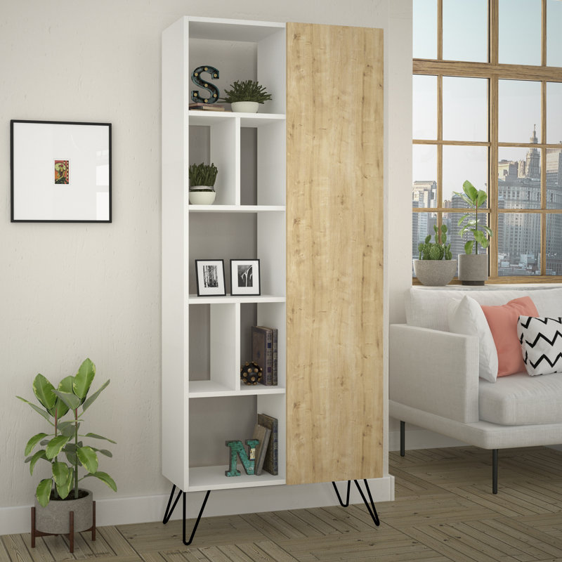 Mull Modern Bookcase with Metal Legs 7 Open 4 Closed Compartments, White/Oak