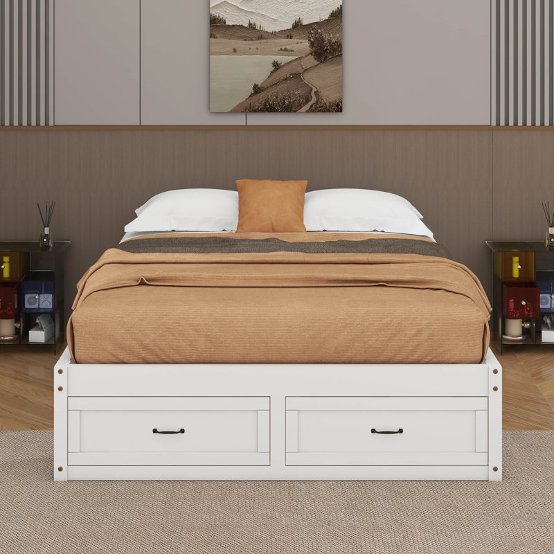 Lit plateforme avec 6 tiroirs, Grand lit, Blanc antique