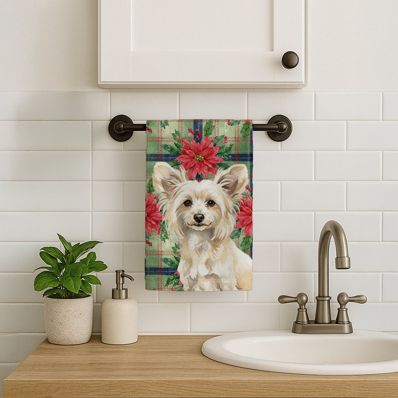 Powderpuff Chinese Crested Christmas PoinsettIas Kitchen Towel, White Powderpuff Chinese Crested