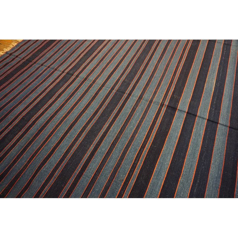 Large Size Blue Color Stripe Pattern Antique Flat Weave Dhurrie Rug