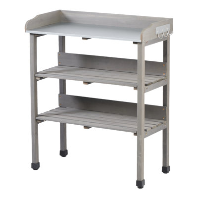 30.5L14.6W35.5H Metal - Topped Potting Table, 3 Tier Outdoor Work Bench For Garden, Solid Wood Garage Workstation, Design Storage And Workspace, Built In Hooks Small Items, Adjustable Feet Stability