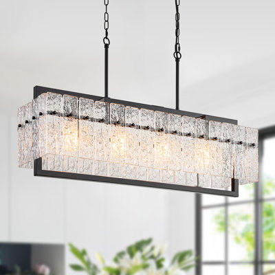 4-light Modern Large Rectangle Chandeliers, Crystal Dining Room Light  Fixture With Water Ripple Glass