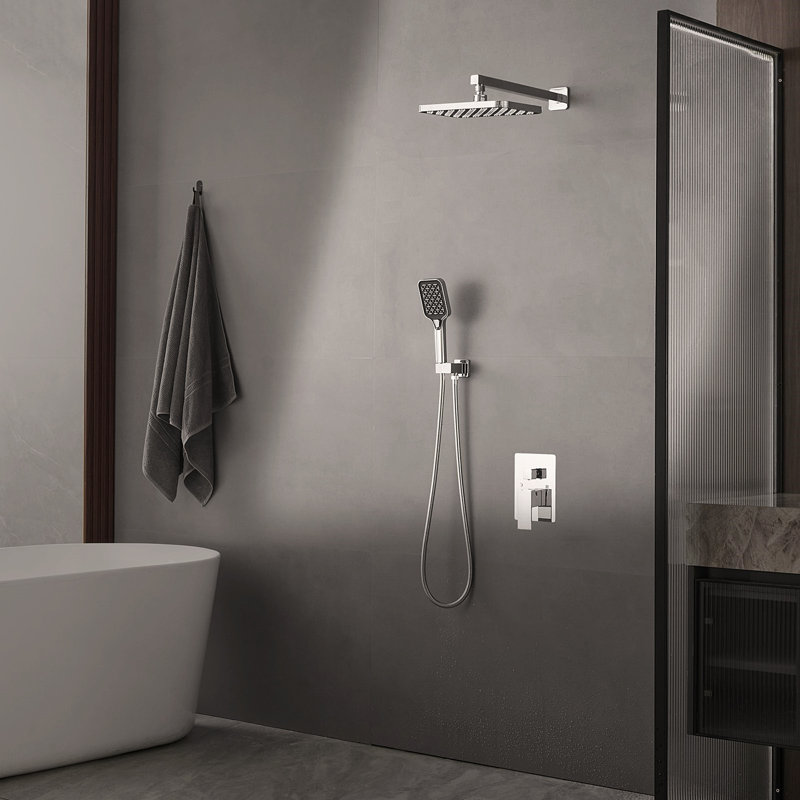 Polished Chrome Double-Handle Double-Spray 12-Inch Square High-Pressure Shower Faucet (With Valve), Stainless Steel
