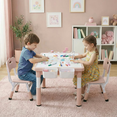 Kids Table and 2 Chairs Set, Height Adjustable Toddler Activity Lego Table with Large Storage & Double-Sided Graffiti/Block Building Tabletop, 4 Drawers for Home, Preschool, Classroom(beige)