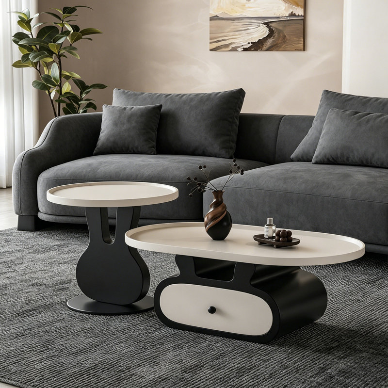 Oval Creative Rabbit-Ear Storage Coffee Table Set, 14.56" H x 47.24" L x 23.62" W, White/Black 