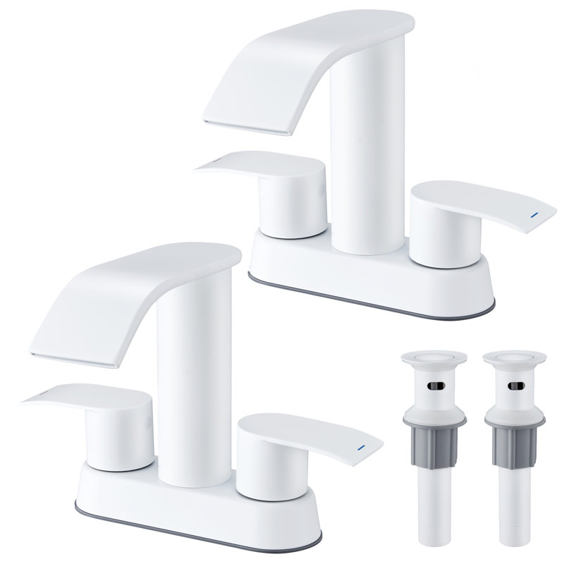 4 in. Centerset Double Handle Waterfall Spout Bathroom Sink Faucet with Pop-up Drain (2 Pack), White