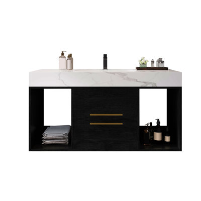 39.4" Bathroom Vanities with Ceramic Sink,Floating Bathroom Vanity,Wall Mounted Storage Cabinet with 2 Drawers and 2 Storage Spaces,Modern Bathroom Sink Cabinet with Metal Handles
