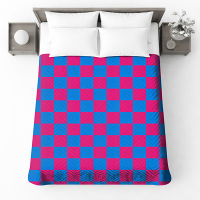 Blue Pink Checkered Quilted Bedspread All Sizes