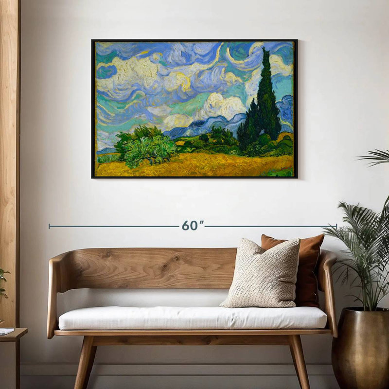 Champ de blé avec cyprès, Cadre flottant noir, 43 po x 29 po
