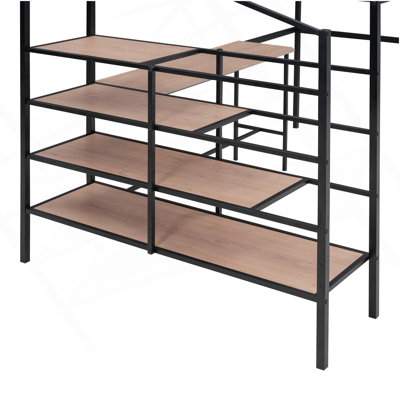Lit mezzanine double en métal avec bureau et échelle de rangement latérale, noir
