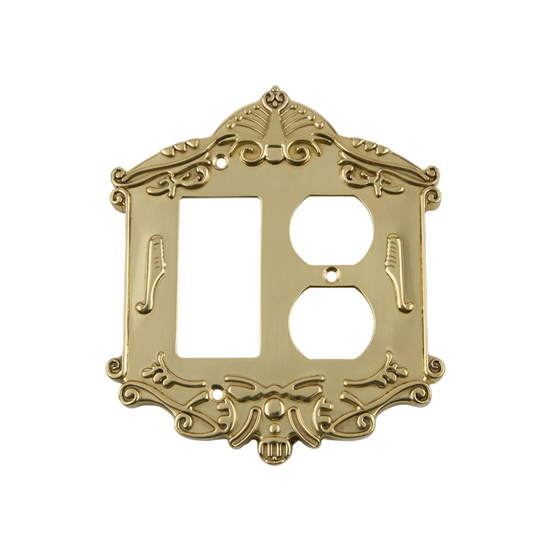 Victorian 2-Gang Duplex Outlet / Rocker Combination Wall Plate, Polished Brass
