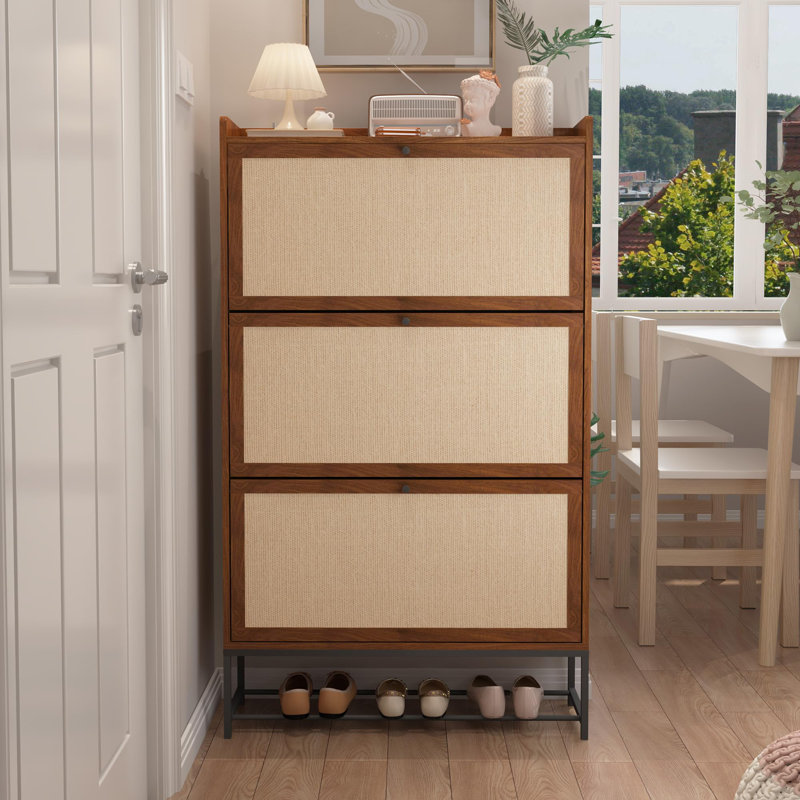 28 Pair Shoe Storage Cabinet with 3 Flip Drawers, Brown