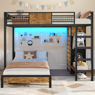 Full Over Twin Bunk Bed With 8 Storage Drawers, Metal Loft Bed With Led Lights And Storage Shelves, by Mason & Marbles