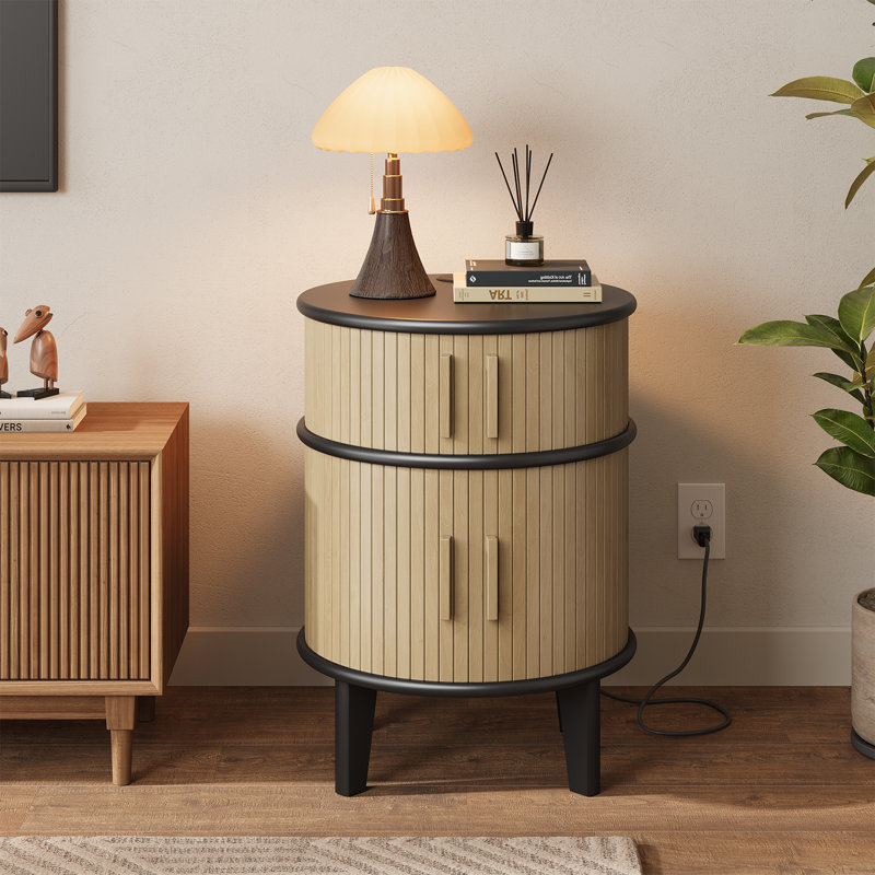 Mid-Century Modern Fluted Round End Table with Charging Station, 2-Tier Wood Nightstand with Storage Cabinet for Bedroom & Living Room