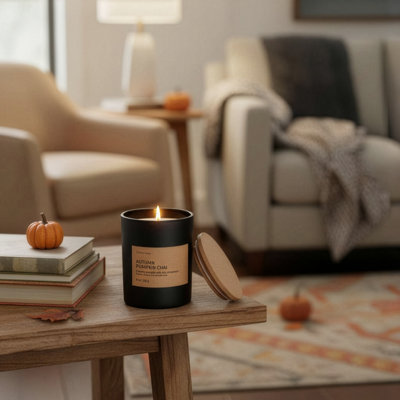 Bougie parfumée à la cire de soja - Bougies épicées pour la maison parfumées avec des notes de cannelle, de crème de citrouille et de bois doux - Décoration saisonnière et cadeau (Automne citrouille CHAI, noir, 8 oz)