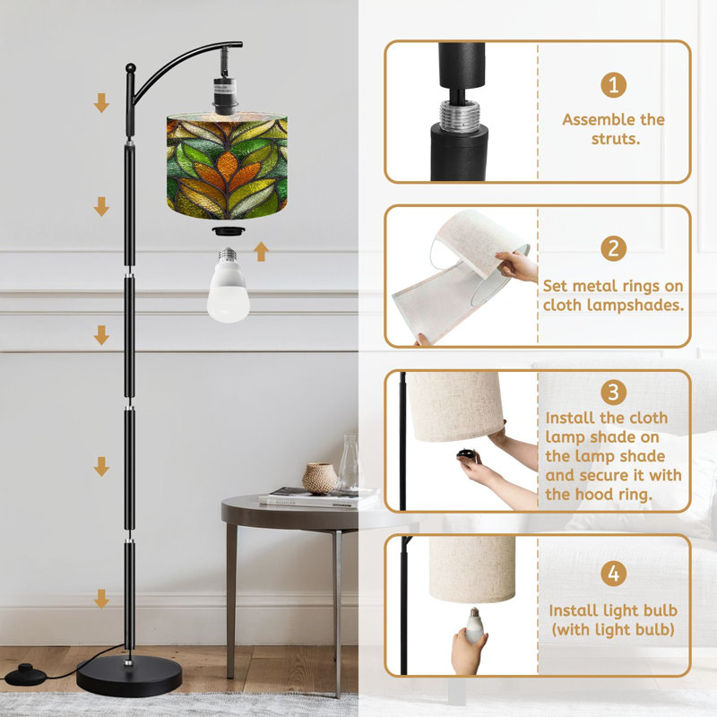  Arc Floor Lamp Green Gold Stained Glass Leaf Metallic Accents Tall Modern Standing Lamp LED Adjustable Linen Lampshade 3 Color Temperatures