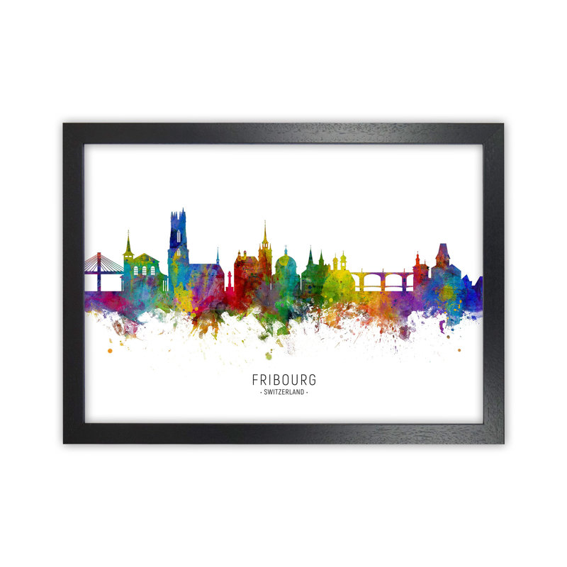 Fribourg Switzerland Skyline by Michael Tompsett - Print, 64cm H x 88cm W x 3cm D, Black Framed