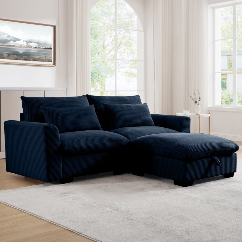 Karaka Sectional Sofa Comfy Corduroy Couch For Living Room With Pillows And Round Armrests, Modern Corduroy Sofa Sleeper Deep Couches With Storage Ottoman
