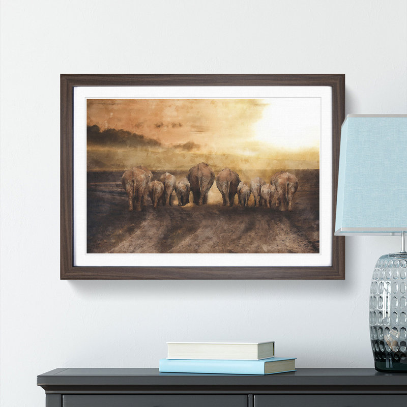 Herd of Elephants on a Dusty Road - Picture Frame Painting Print, Walnut Framed, 24cm H x 33cm W x 2cm D