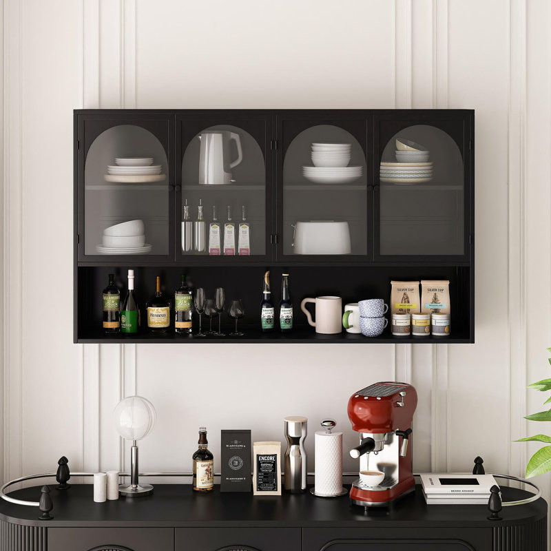 47.25" Four-Door Glass Wall Cabinet Storage, Wall-Mounted,Suitable For Kitchen, Living Room, Bathroom(Black), Black