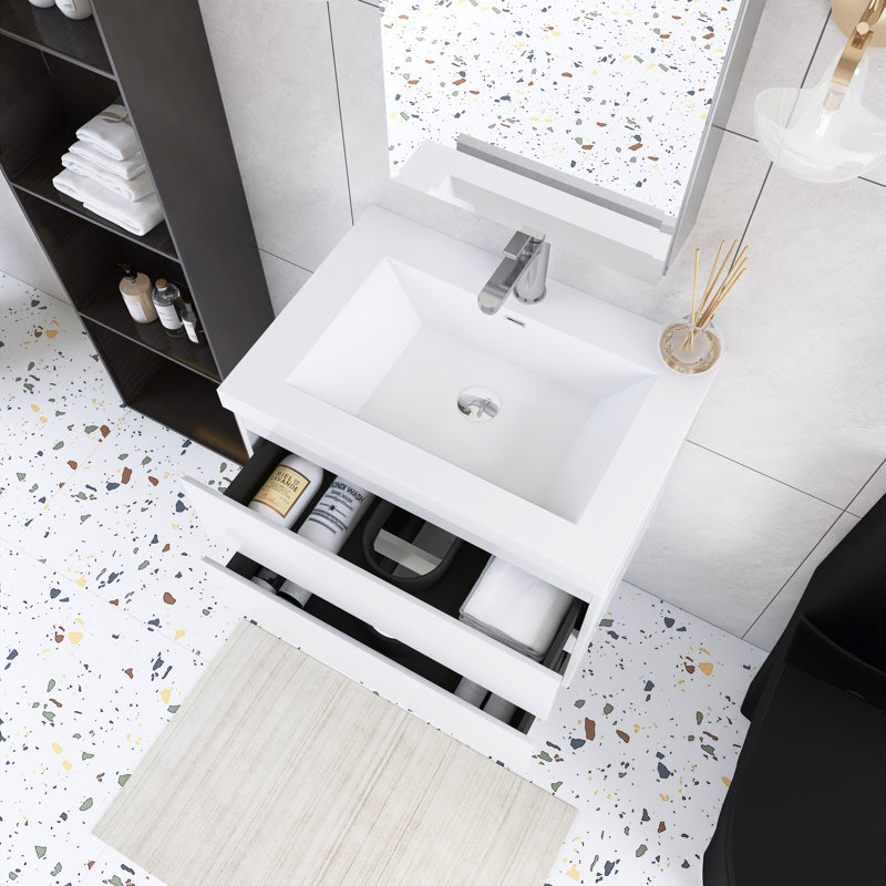 24'' Wall-Mounted Single Bathroom Vanity  With Integrated Resin Top, White