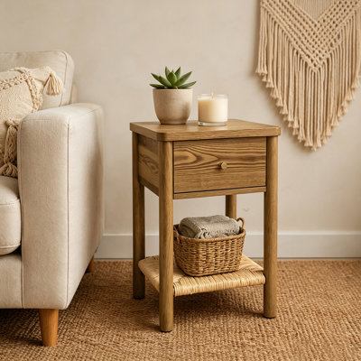 Table de bout avec table de bout en bois de noyer Ainsley, table de bout à rebords arrondis, pieds ronds en bois massif, tablette et tiroir en jute tissé, pour le salon de la chambre à coucher