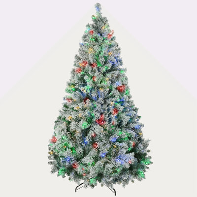 Arbre de Noël artificiel de 7,5 pi de hauteur avec 1149 branches floquées par la neige, 550 lumières DEL blanc chaud ou coloré, base en acier