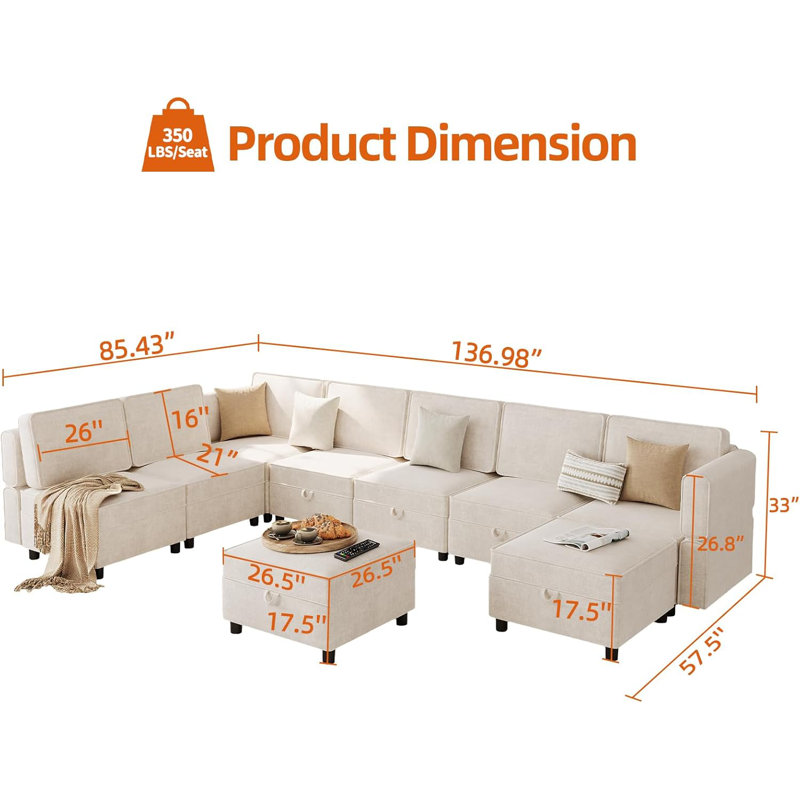 Canapé modulaire en L 9 places avec repose-pieds avec rangement, beige
