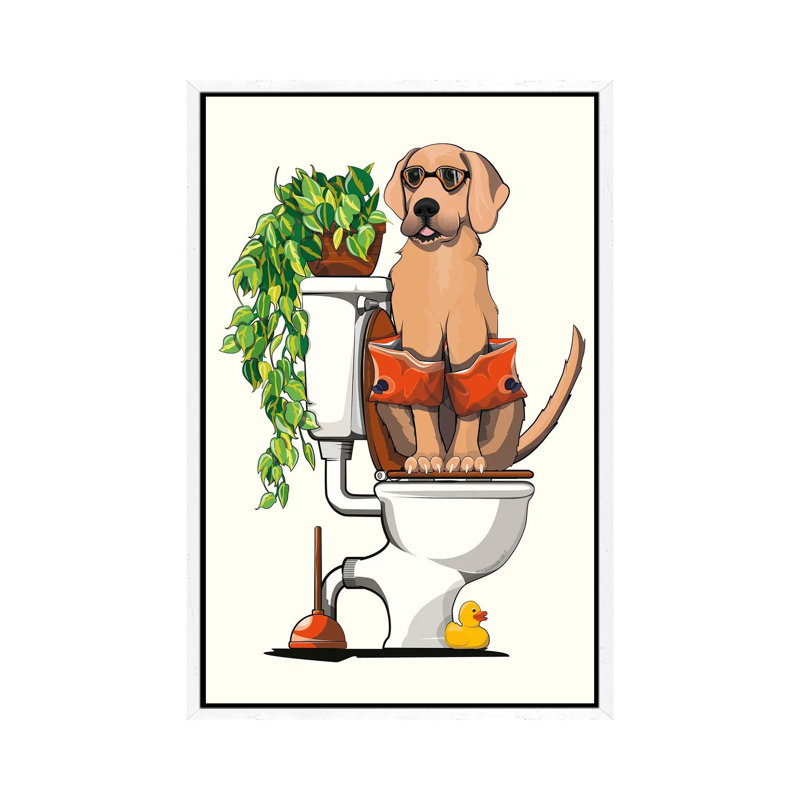 Labrador Dog Sitting On The Toilet by WyattDesign - Gallery-Wrapped Canvas Giclée on Canvas, White Framed