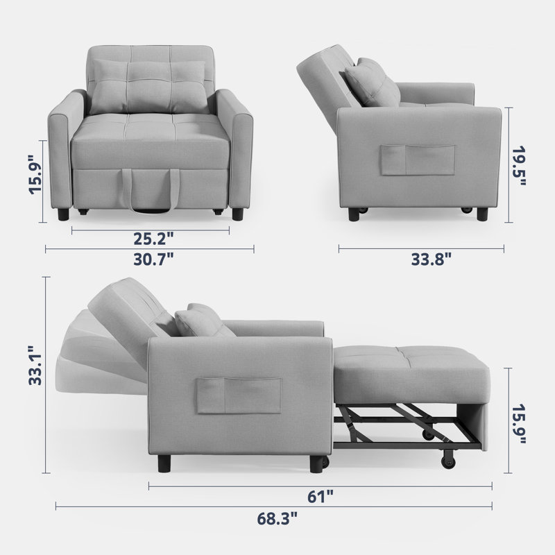 Zhenya 3-In-1 Convertible Accent Chair, Pull-Out Upholstered Sleeper Sofa Bed With Accent Pillow (Set of 2), Gray
