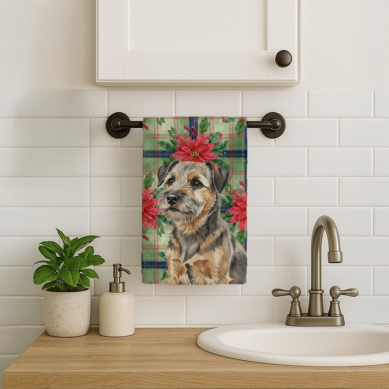 Grizzle and Tan Border Terrier Christmas PoinsettIas Kitchen Towel, Grizzle/Tan Border Terrier