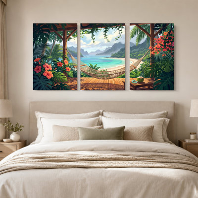 Tropical Beach Hammock with Hibiscus and Palm Trees Set Of 3 Canvas Wall Art