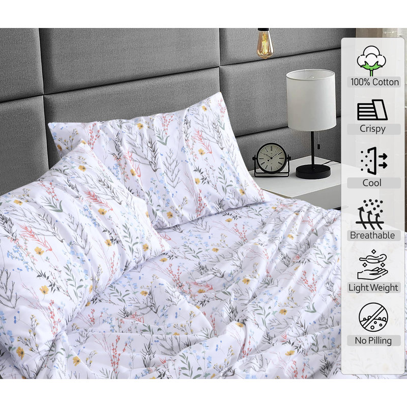Aroma Floral Cotton Percale Queen Sheet Set with Deep Pockets