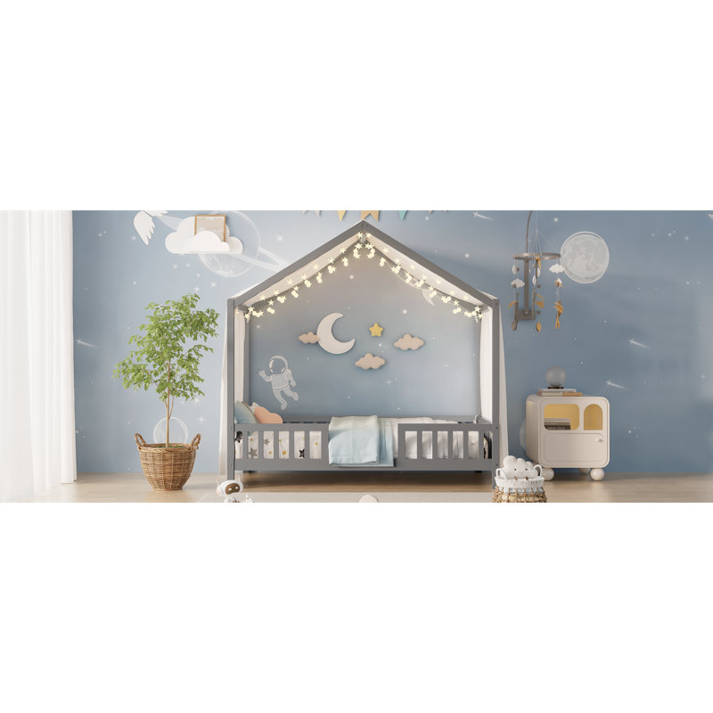 Lits robustes en bois pour enfants, lit sur pied gris Montessori avec auvent, style maison moderne