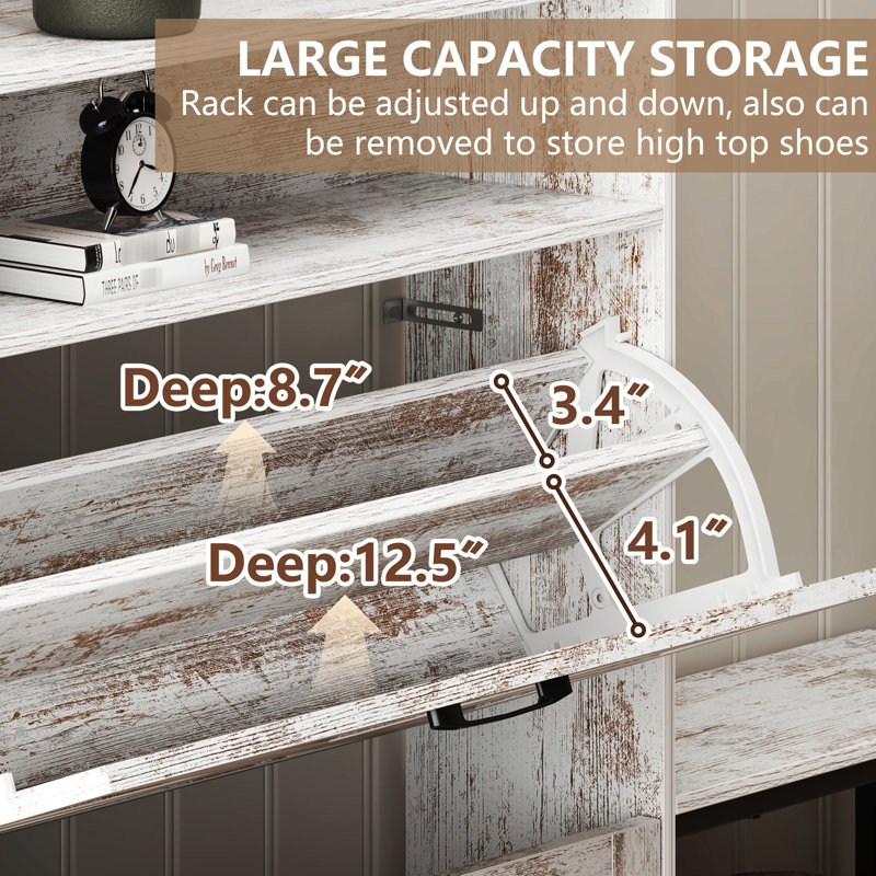 Range-chaussures blanc pour l'unité d'entrée, 2 tiroirs rabattables avec fentes réglables, rétro rustique, basculant, organisateur de pièces polyvalent: grande capacité d'entrée et rangement personnalisable