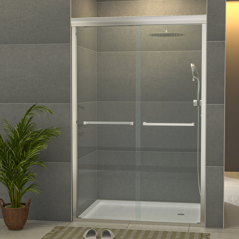 Porte de douche coulissante double 48 po x l 48,3 po x H 76 po avec verre trempé transparent, Nickel