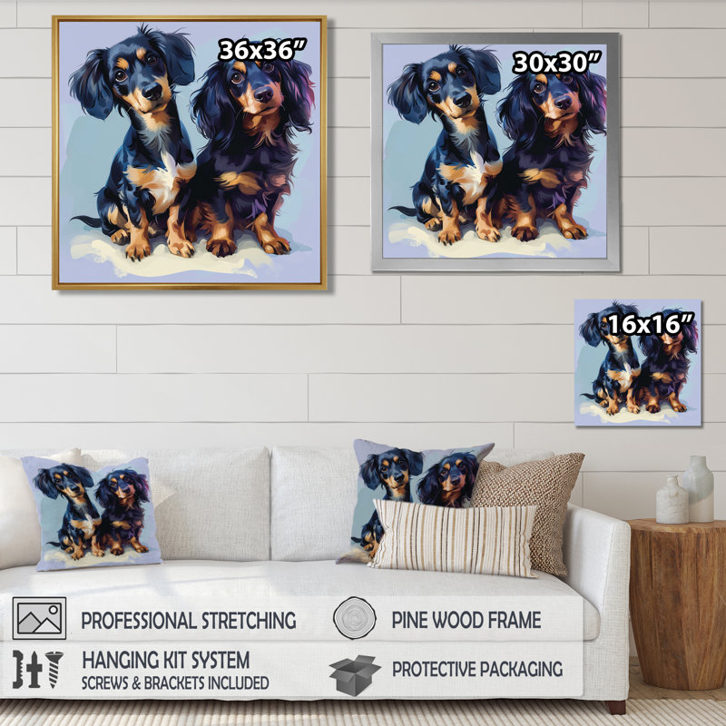 Portrait de deux adorables teckels - reproduction d'art mural chien, Toile avec cadre noir, H 16 po x l 16 po x P 1 po